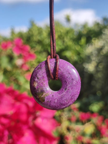 Stichtit ~ Gemstone Donut Necklace Pi Disc Protection Symbol Purple Violet HIPPIE Chakra Boho Ethnic Healing Stone Clothing Festival Purple Rarity