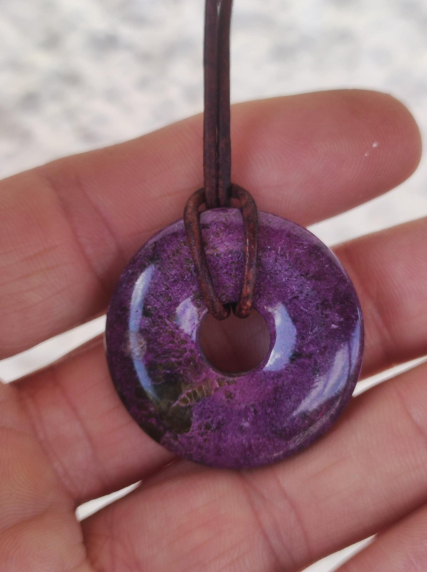 Stichtit ~ Gemstone Donut Necklace Pi Disc Protection Symbol Purple Violet HIPPIE Chakra Boho Ethnic Healing Stone Clothing Festival Purple Rarity