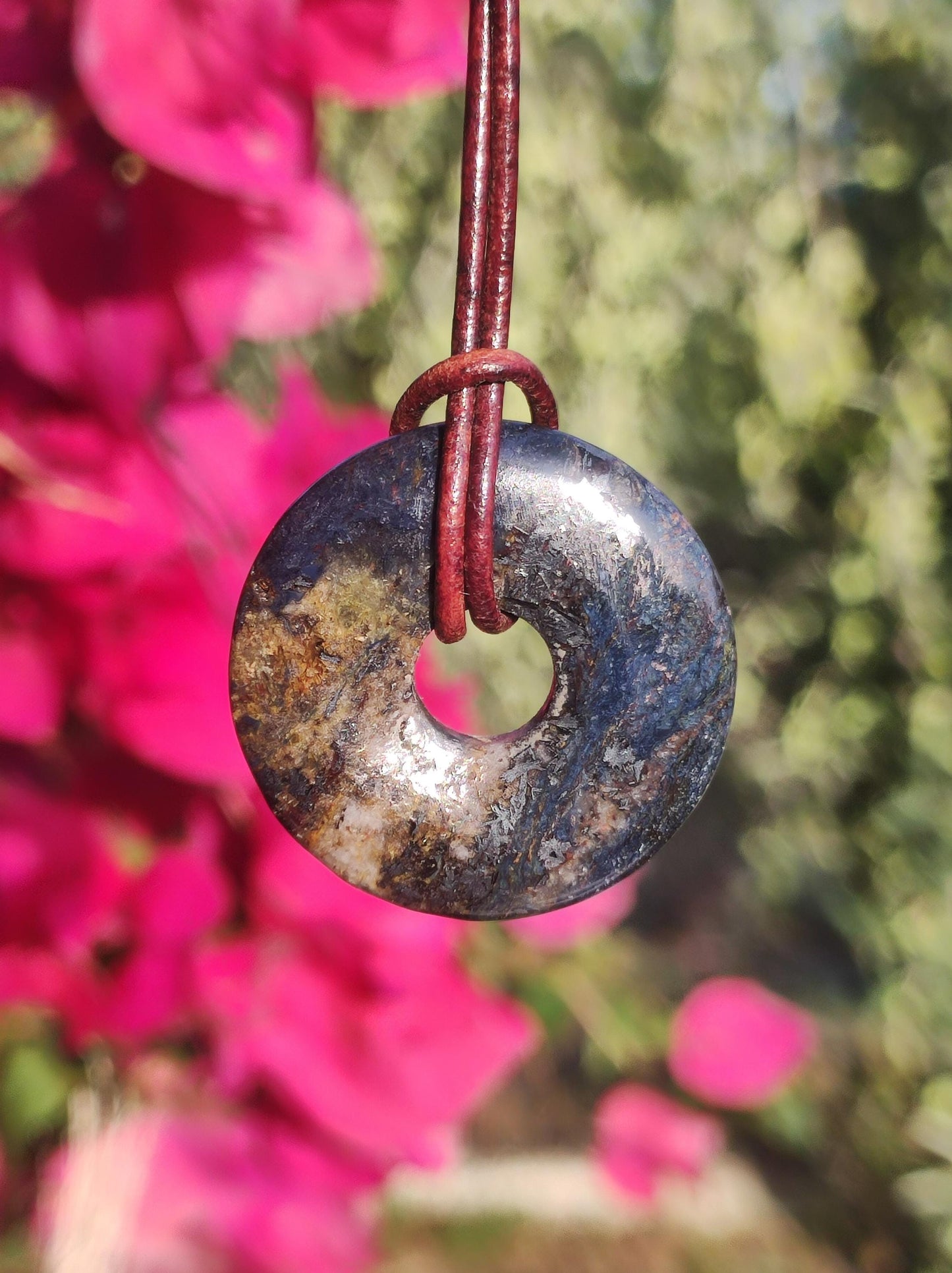 Pietersite blau - Edelstein Donut Kette Rarität selten Schutzsymbol Heilstein Kristall HIPPIE Boho Tibet Ethno Mann Frau Geschenk Er Sie