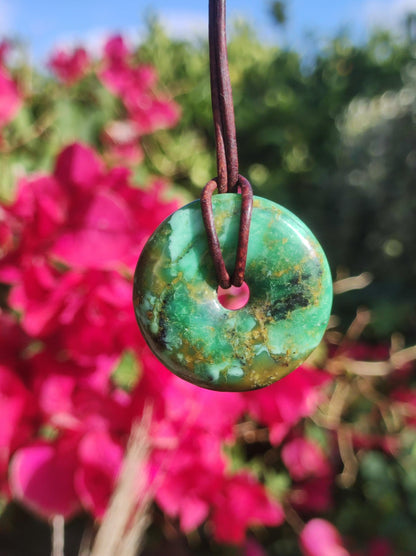 Variscit 30mm Edelstein Kette Donut Pi Scheibe rund Heilstein grün Natur Rarität Geschenk Mann Frau Er Sie Freund Bruder Glück Anhänger