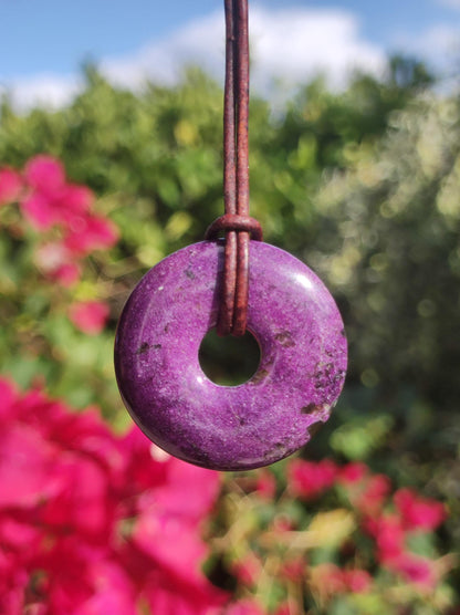 Stichtit ~ Gemstone Donut Necklace Pi Disc Protection Symbol Purple Violet HIPPIE Chakra Boho Ethnic Healing Stone Clothing Festival Purple Rarity