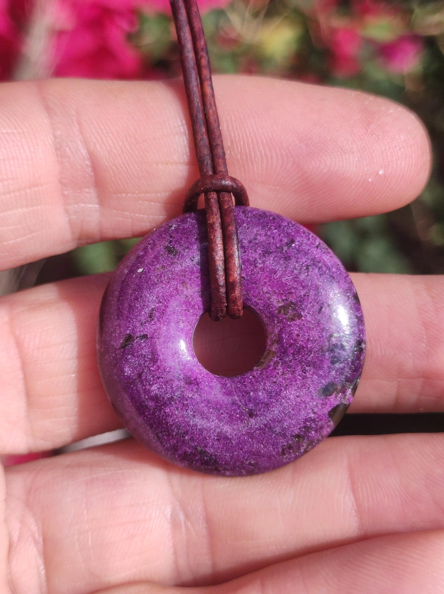 Stichtit ~ Gemstone Donut Necklace Pi Disc Protection Symbol Purple Violet HIPPIE Chakra Boho Ethnic Healing Stone Clothing Festival Purple Rarity