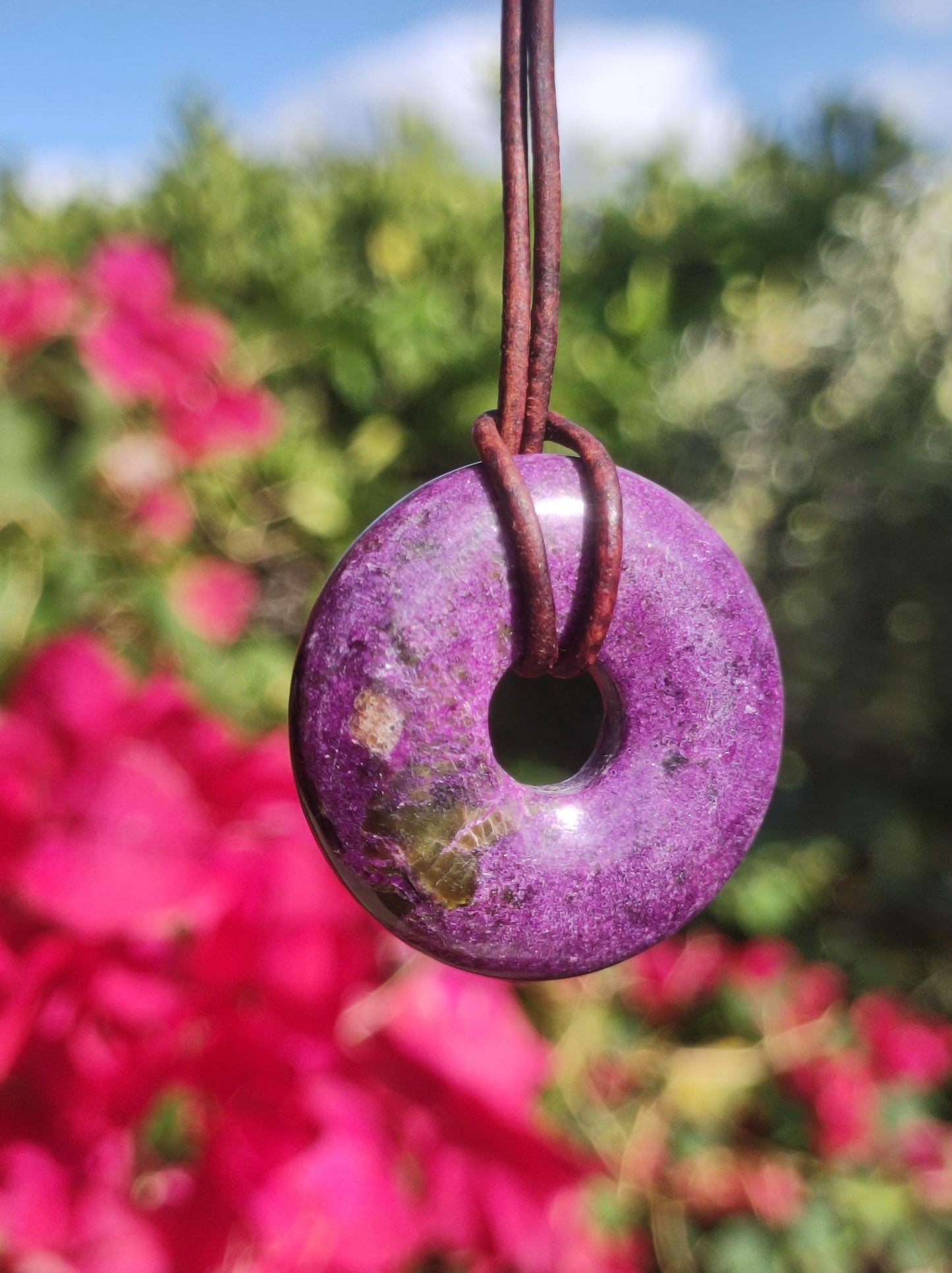 Stichtit ~ Gemstone Donut Necklace Pi Disc Protection Symbol Purple Violet HIPPIE Chakra Boho Ethnic Healing Stone Clothing Festival Purple Rarity