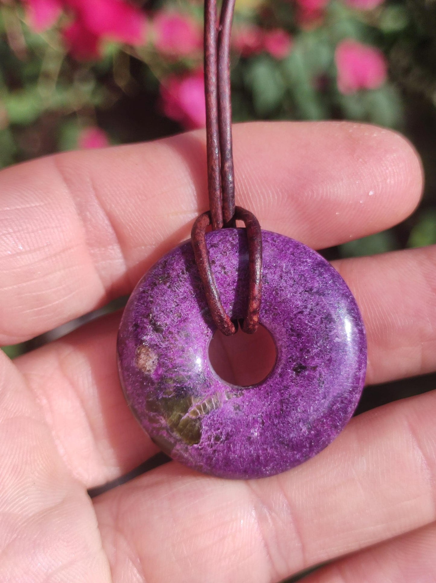 Stichtit ~ Gemstone Donut Necklace Pi Disc Protection Symbol Purple Violet HIPPIE Chakra Boho Ethnic Healing Stone Clothing Festival Purple Rarity