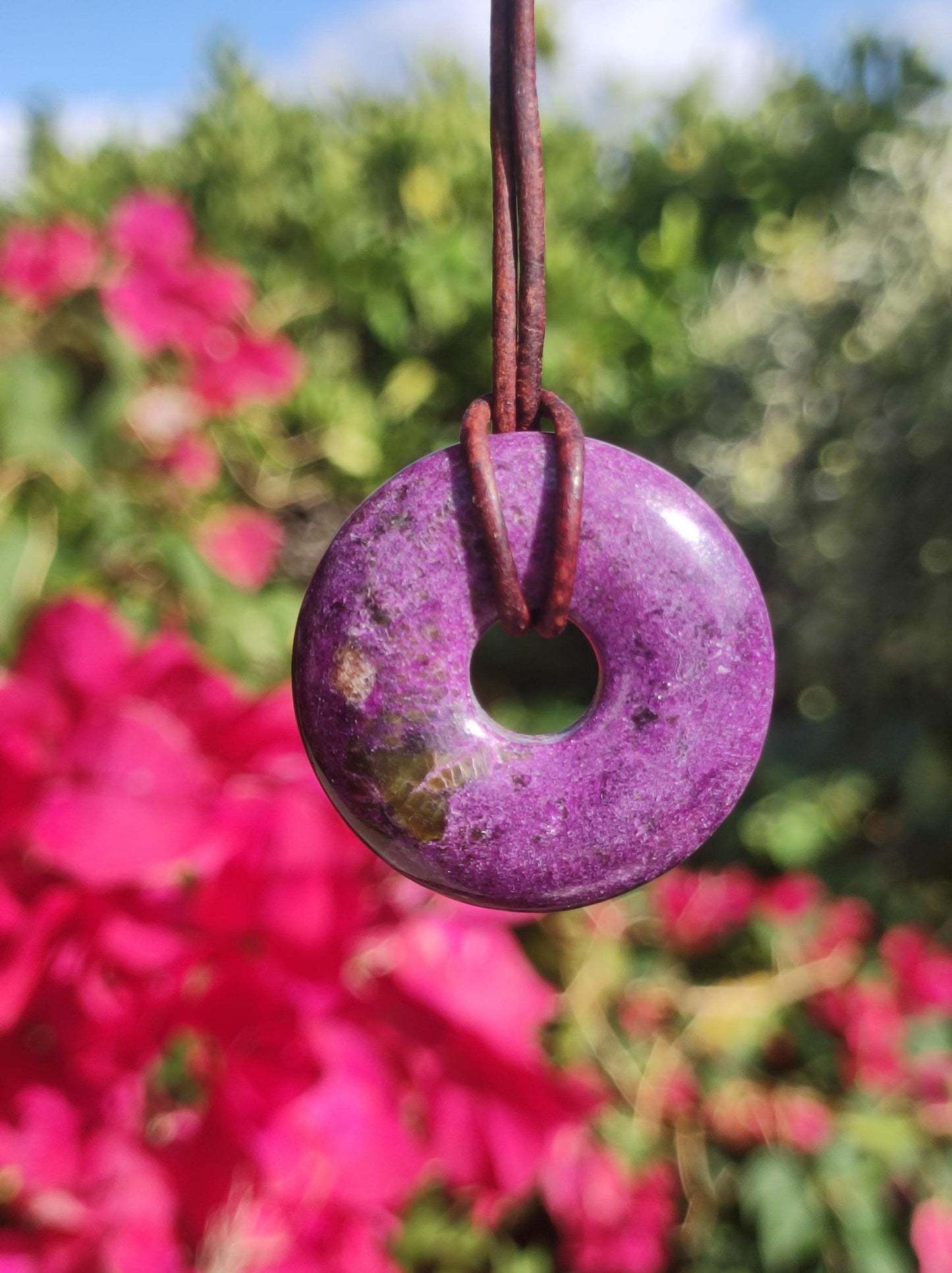 Stichtit ~ Gemstone Donut Necklace Pi Disc Protection Symbol Purple Violet HIPPIE Chakra Boho Ethnic Healing Stone Clothing Festival Purple Rarity