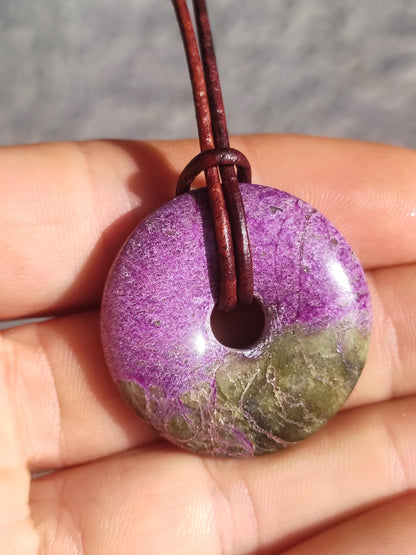 Stichtit ~ Gemstone Donut Necklace Pi Disc Protection Symbol Purple Violet HIPPIE Chakra Boho Ethnic Healing Stone Clothing Festival Purple Rarity