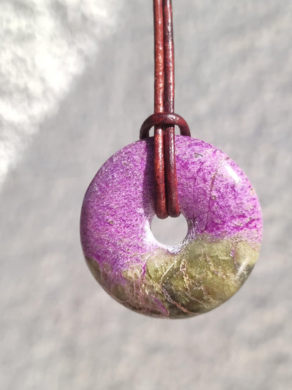 Stichtit ~ Gemstone Donut Necklace Pi Disc Protection Symbol Purple Violet HIPPIE Chakra Boho Ethnic Healing Stone Clothing Festival Purple Rarity