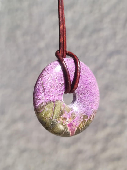 Stichtit ~ Gemstone Donut Necklace Pi Disc Protection Symbol Purple Violet HIPPIE Chakra Boho Ethnic Healing Stone Clothing Festival Purple Rarity