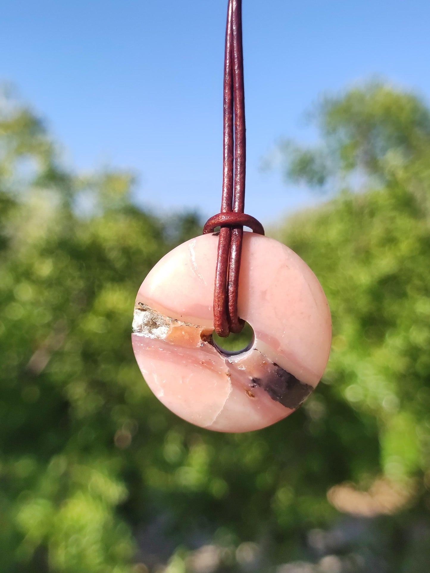 Opale andine rose - Collier de pierres précieuses HIPPIE GOA Boho Tibet Ethno Nature Donut Pierre de guérison Rareté Hommes Femmes Cadeau Pendentif He She Unique