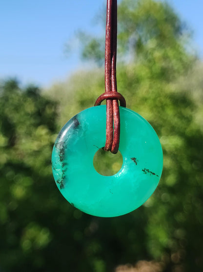Chrysoprase Gemstone Donut Necklace Green Natural GOA Boho Hippie Ethnic Protection Symbol Healing Stone Collector Unique Man Woman He She Gift Pendant