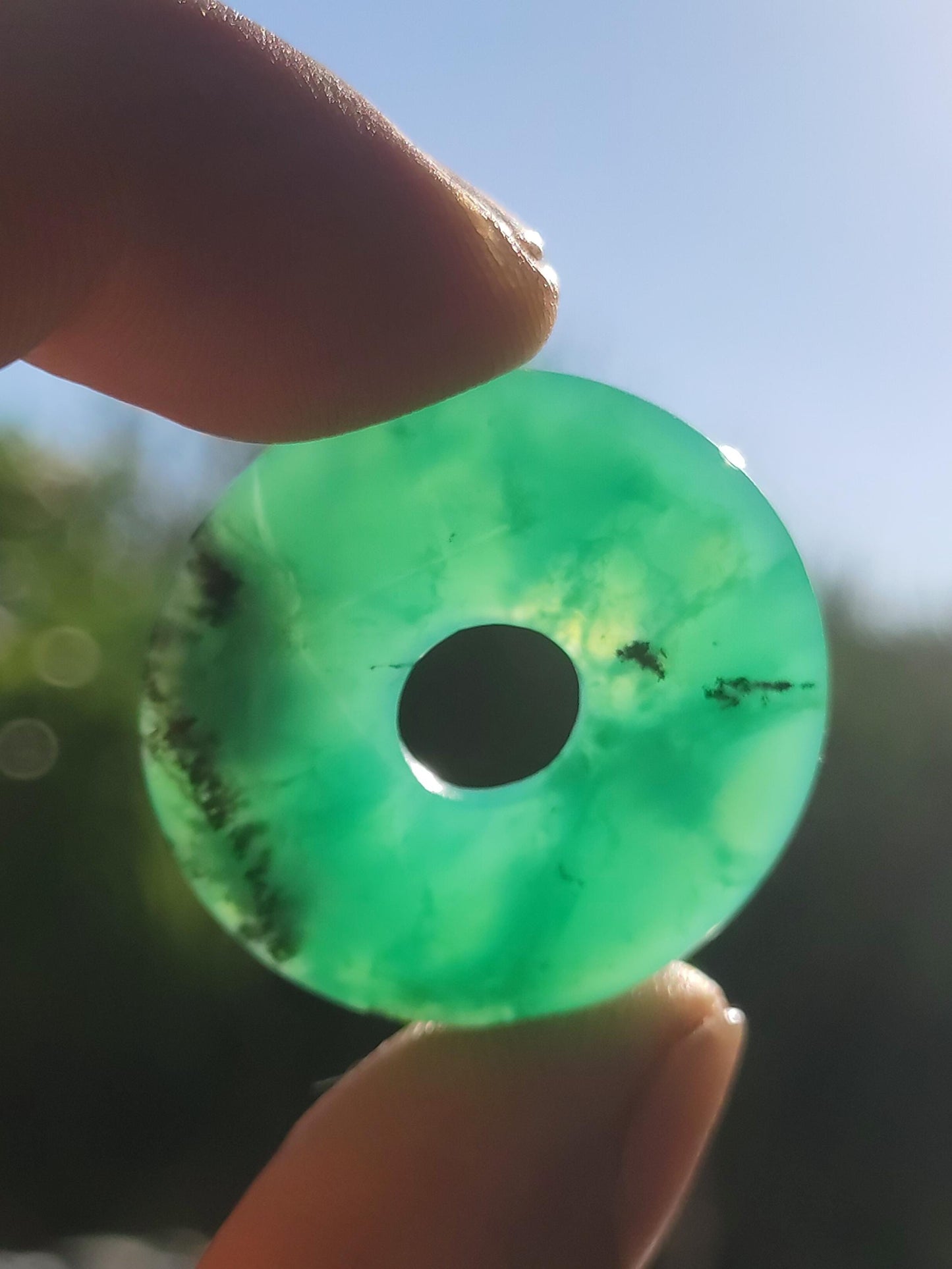 Chrysoprase Gemstone Donut Necklace Green Natural GOA Boho Hippie Ethnic Protection Symbol Healing Stone Collector Unique Man Woman He She Gift Pendant