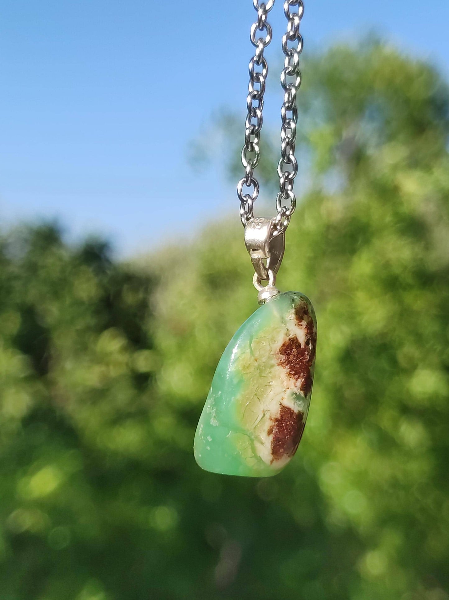 Collier en argent 925 avec œillet en chrysoprase, pendentif vert transparent, pierre de guérison naturelle, cristal, cadeau pour homme, femme, mère, père, il, elle, petite amie