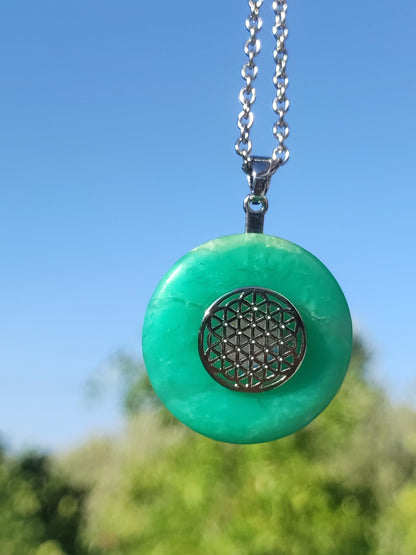 Chrysoprase AAA 30mm ~ Gemstone necklace with donut with holder crystal pendant natural man gift he she protection healing stone rarity green round