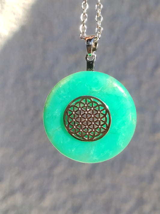 Chrysoprase AAA 30mm ~ Gemstone necklace with donut with holder crystal pendant natural man gift he she protection healing stone rarity green round