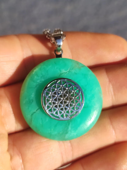Chrysoprase AAA 30mm ~ Gemstone necklace with donut with holder crystal pendant natural man gift he she protection healing stone rarity green round
