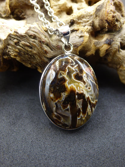 Stick Agate - 925 Sterling Silver Gemstone Necklace Brown Unique Rare Healing Stone Natural Rare Noble Dream Man Woman He She Gift Friend