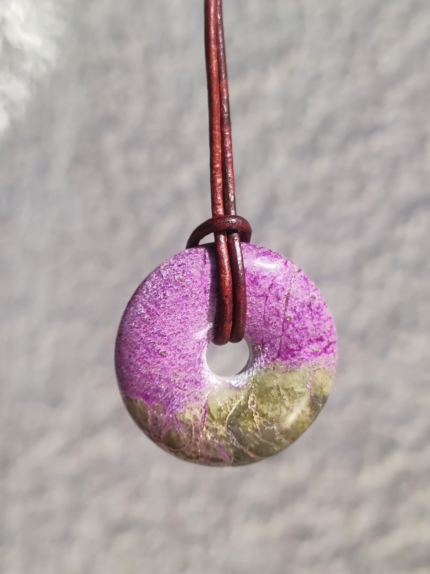 Stichtit ~ Gemstone Donut Necklace Pi Disc Protection Symbol Purple Violet HIPPIE Chakra Boho Ethnic Healing Stone Clothing Festival Purple Rarity