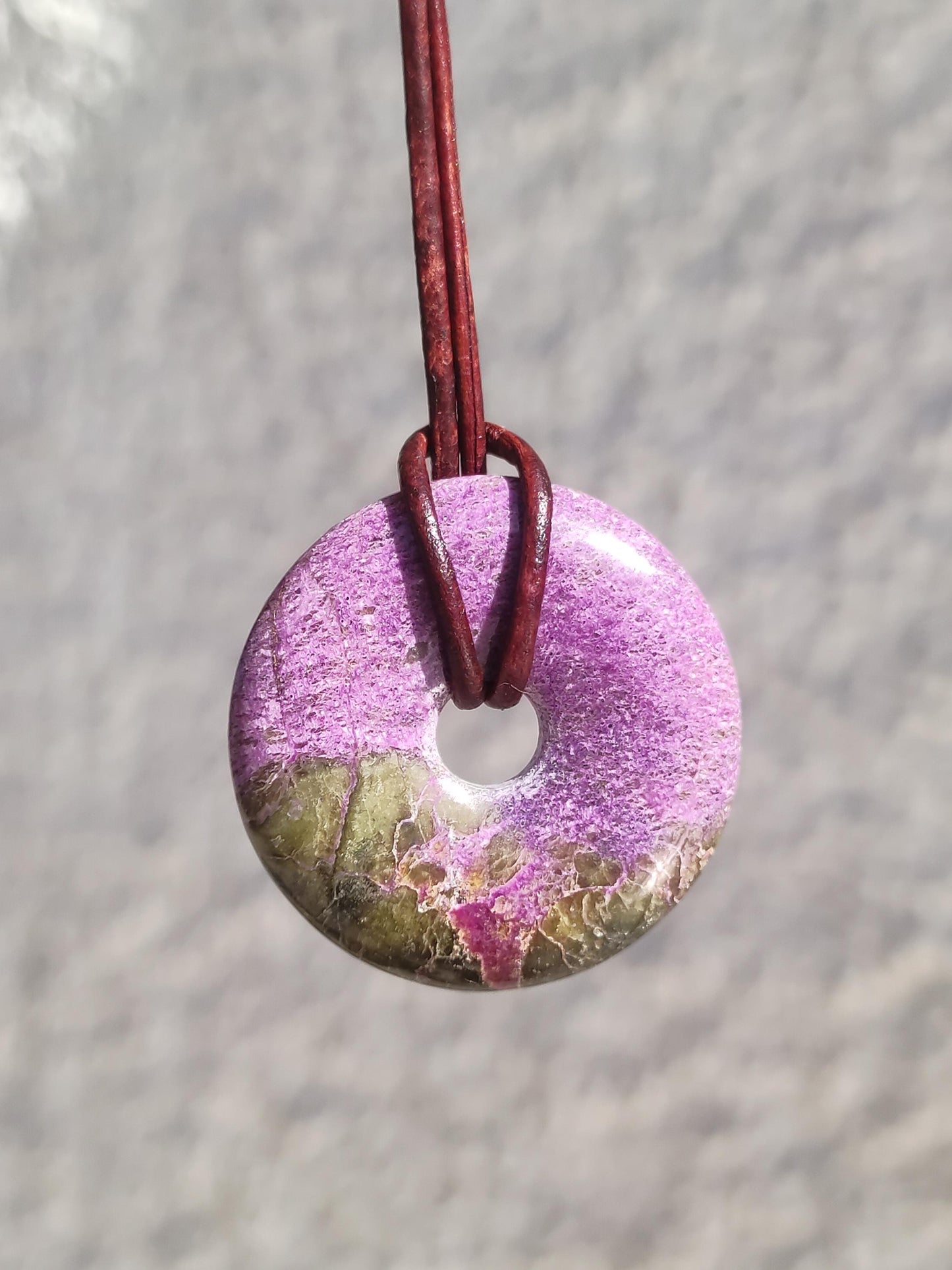 Stichtit ~ Gemstone Donut Necklace Pi Disc Protection Symbol Purple Violet HIPPIE Chakra Boho Ethnic Healing Stone Clothing Festival Purple Rarity
