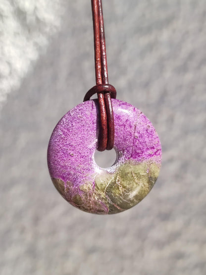 Stichtit ~ Gemstone Donut Necklace Pi Disc Protection Symbol Purple Violet HIPPIE Chakra Boho Ethnic Healing Stone Clothing Festival Purple Rarity