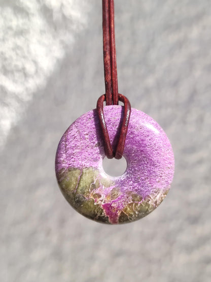 Stichtit ~ Gemstone Donut Necklace Pi Disc Protection Symbol Purple Violet HIPPIE Chakra Boho Ethnic Healing Stone Clothing Festival Purple Rarity