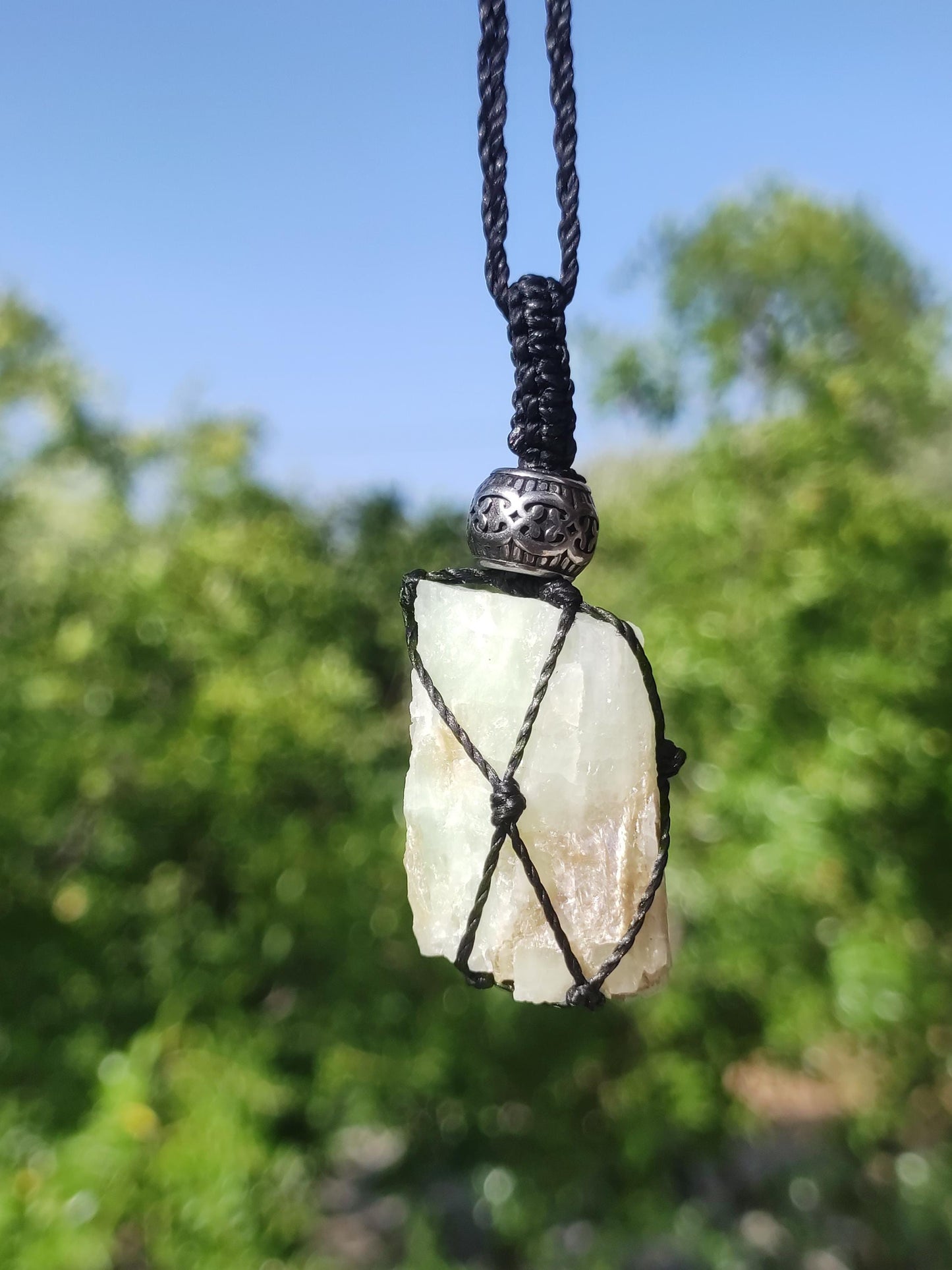 Aquamarine + Muscovite ~ Macrame gemstone necklace blue rarity natural healing stone crystal pendant man woman child he she gift quality