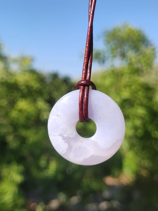 Chalcedony Blue / Blue Laze ~ Gemstone Donut Necklace Blue Natural Healing Stone Crystals Pendant Man Woman Child Gift Him Her Brother Sister
