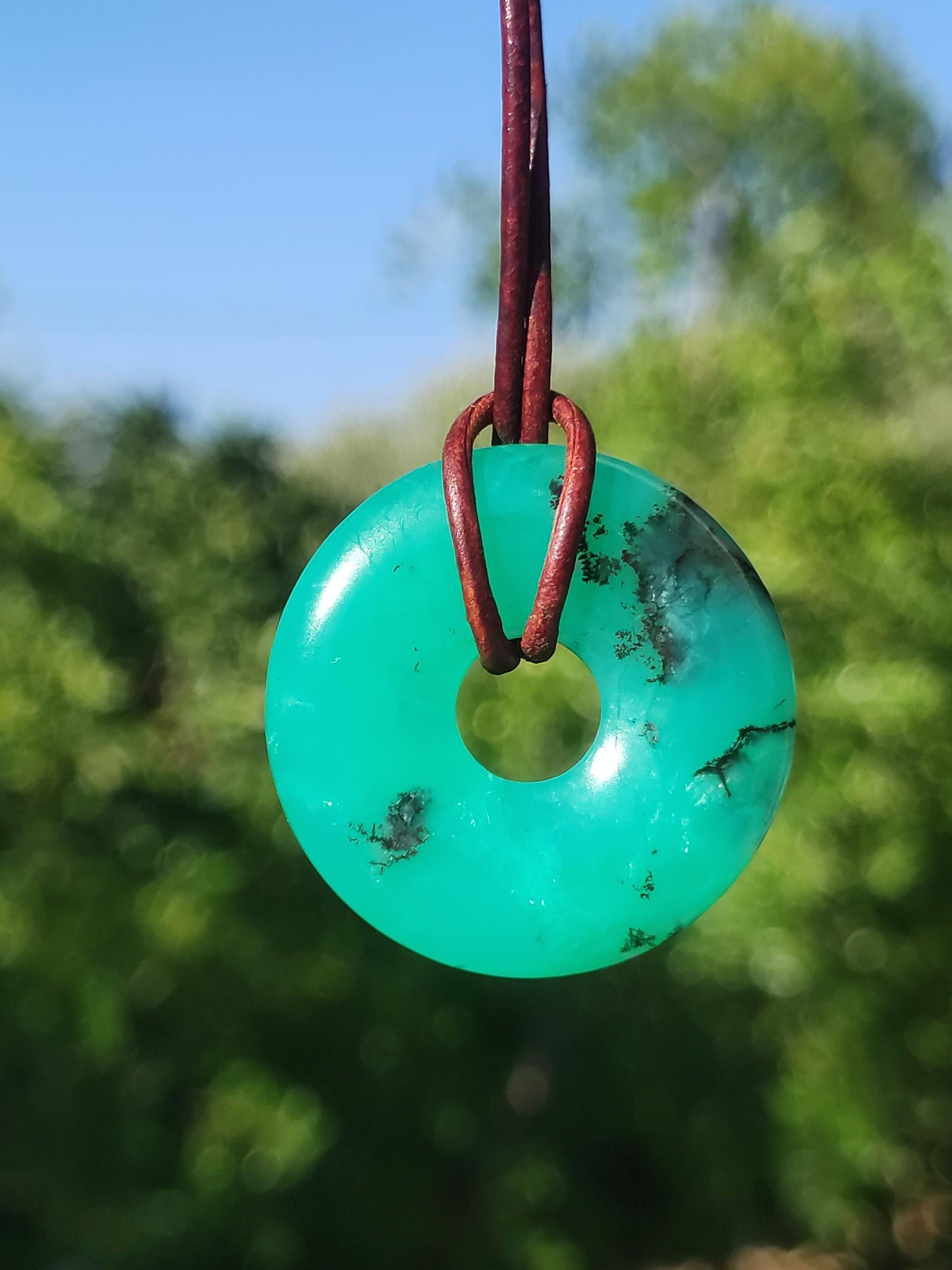 Chrysoprase Gemstone Donut Necklace Green Natural GOA Boho Hippie Ethnic Protection Symbol Healing Stone Collector Unique Man Woman He She Gift Pendant