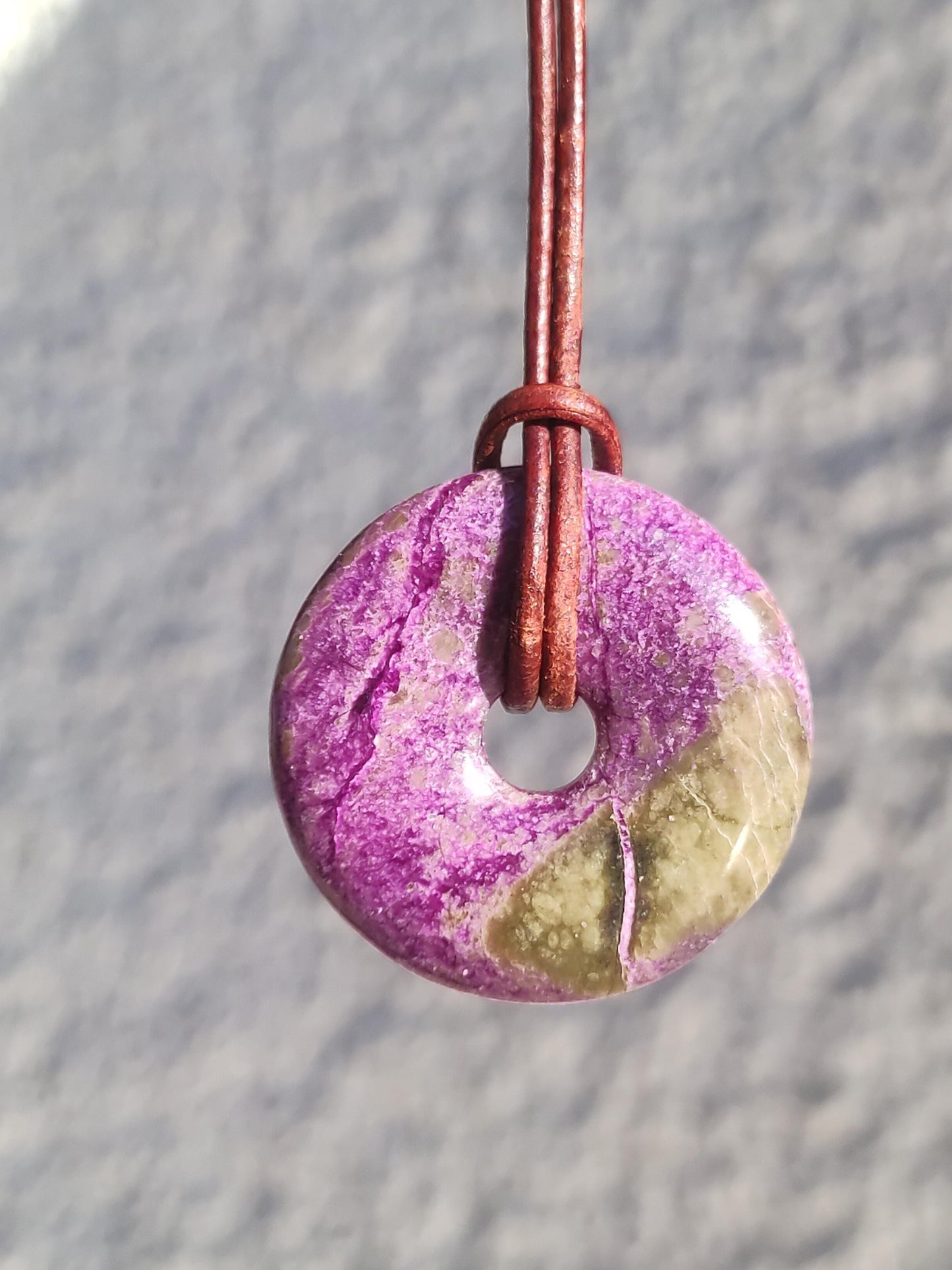 Stichtite + Serpentine ~ Gemstone Donut Necklace Pi Disc Protection Symbol Purple Violet HIPPIE Chakra Boho Ethno Healing Stone Festival Purple Rarity