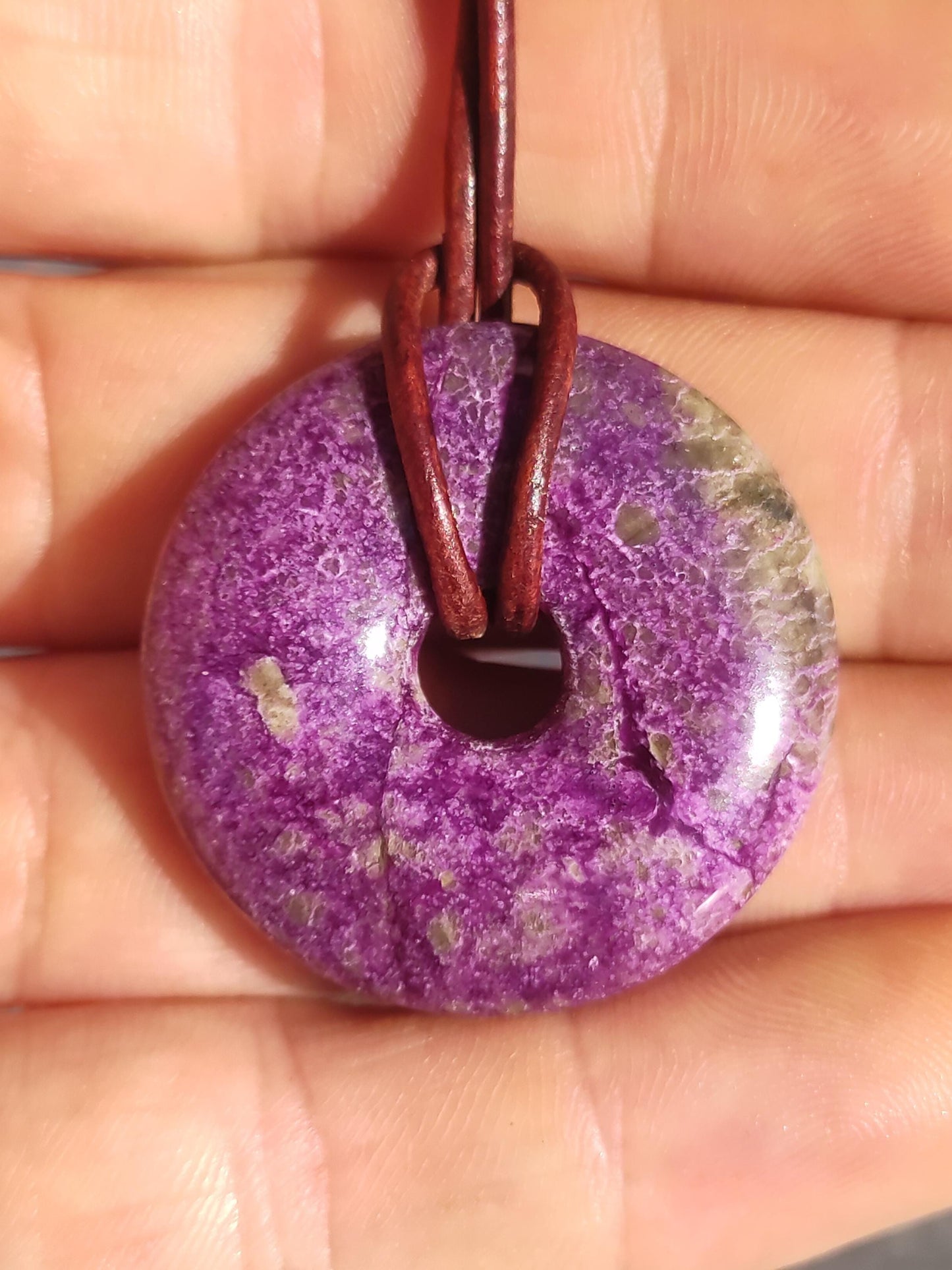 Stichtite + Serpentine ~ Gemstone Donut Necklace Pi Disc Protection Symbol Purple Violet HIPPIE Chakra Boho Ethno Healing Stone Festival Purple Rarity