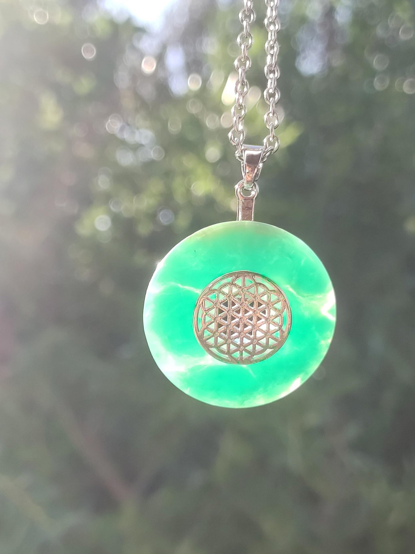 Chrysoprase AAA 30mm ~ Gemstone necklace with donut with holder crystal pendant natural man gift he she protection healing stone rarity green round