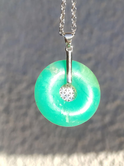 Chrysoprase AAA 30mm ~ Gemstone necklace with donut with holder crystal pendant natural man gift he she protection healing stone rarity green round