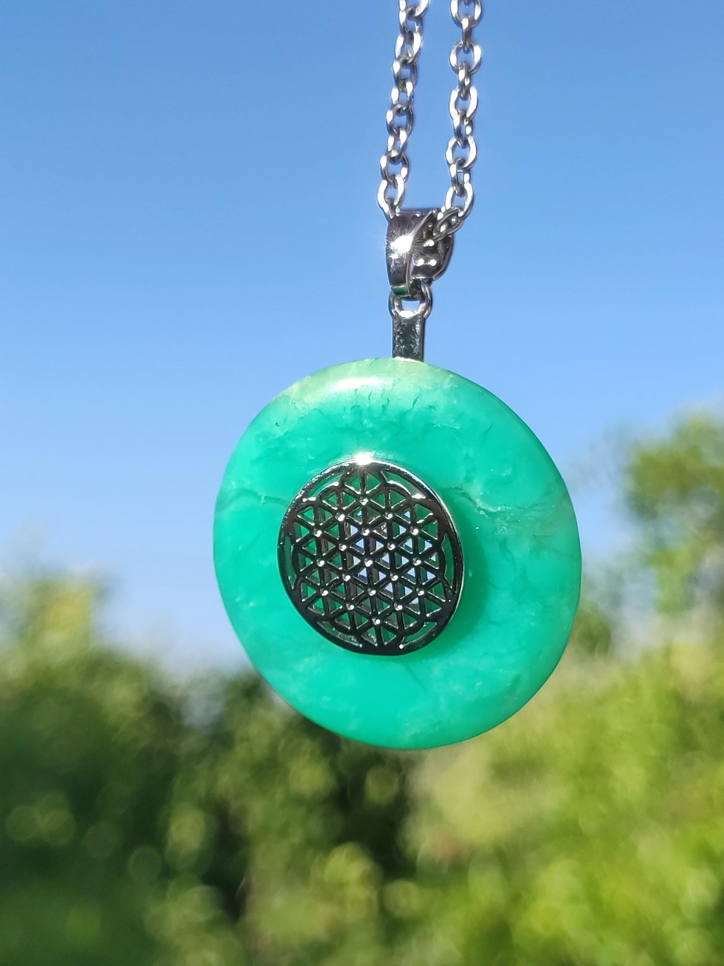 Chrysoprase AAA 30mm ~ Gemstone necklace with donut with holder crystal pendant natural man gift he she protection healing stone rarity green round