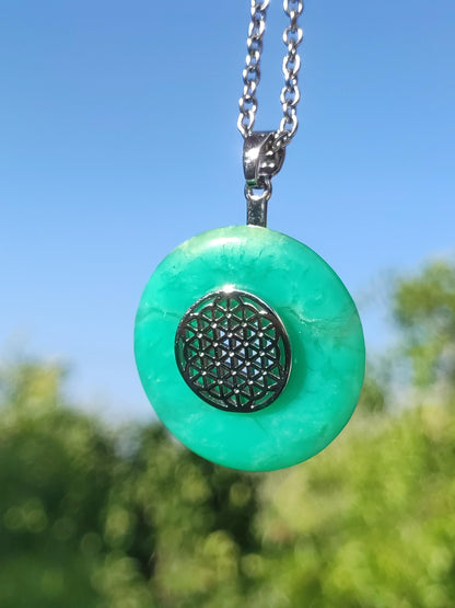 Chrysoprase AAA 30mm ~ Gemstone necklace with donut with holder crystal pendant natural man gift he she protection healing stone rarity green round