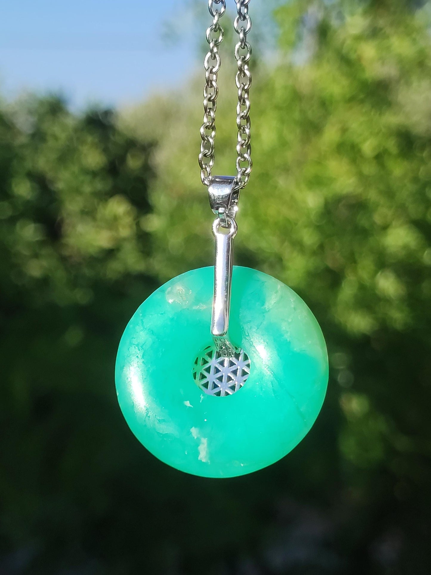 Chrysoprase AAA 30mm ~ Gemstone necklace with donut with holder crystal pendant natural man gift he she protection healing stone rarity green round