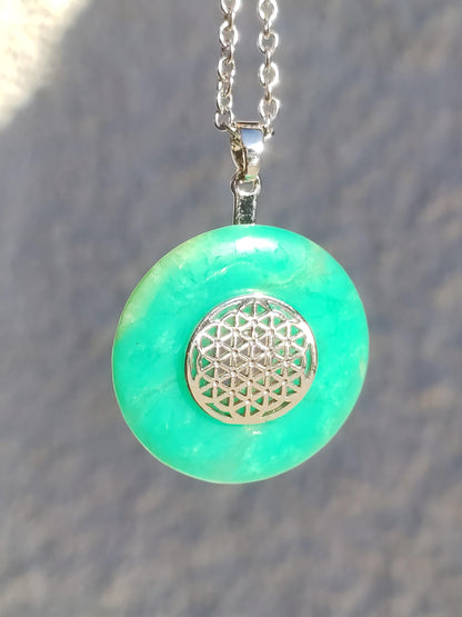 Chrysoprase AAA 30mm ~ Gemstone necklace with donut with holder crystal pendant natural man gift he she protection healing stone rarity green round