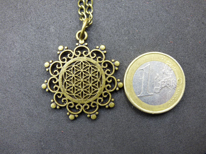 Collier Mandala Fleur de Vie « Fleur / Graine de Vie » Bronze Antique Cadeau pour petite amie, mère, fille, bonheur, hippie, vintage