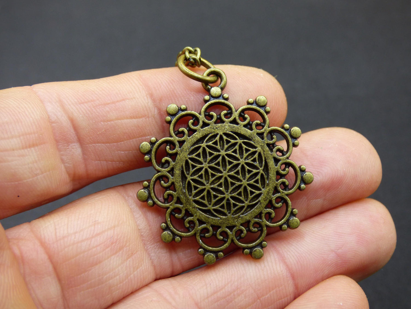 Collier Mandala Fleur de Vie « Fleur / Graine de Vie » Bronze Antique Cadeau pour petite amie, mère, fille, bonheur, hippie, vintage