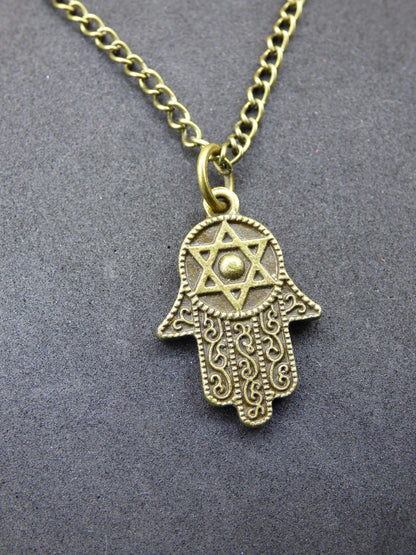Collier Main de Hamsa en bronze antique - Cadeau idéal pour une petite amie, une mère, une sœur, une fille, pendentif ethnique vintage porte-bonheur au style hippie.