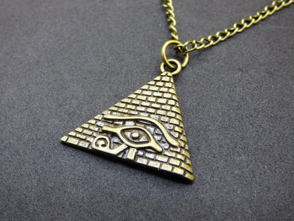 Pyramid Eye of Horus Illuminati - Antique Bronze Necklace Gift for Girlfriend, Him, Her, Husband, Brother, Luck, Hippie, Vintage, Ethnic Pendant