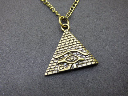 Pyramid Eye of Horus Illuminati - Antique Bronze Necklace Gift for Girlfriend, Him, Her, Husband, Brother, Luck, Hippie, Vintage, Ethnic Pendant