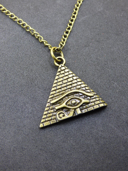 Pyramid Eye of Horus Illuminati - Antique Bronze Necklace Gift for Girlfriend, Him, Her, Husband, Brother, Luck, Hippie, Vintage, Ethnic Pendant