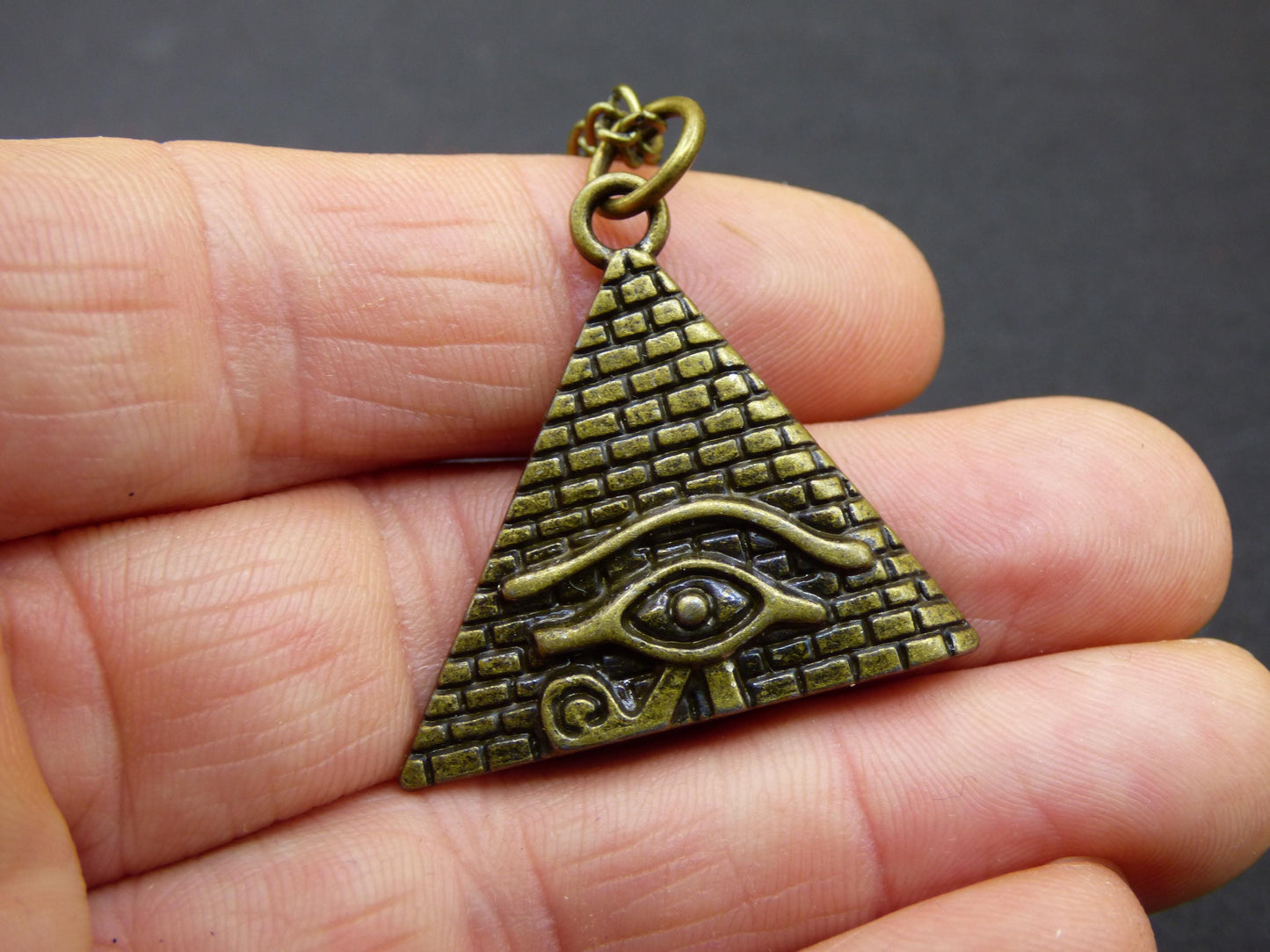 Pyramid Eye of Horus Illuminati - Antique Bronze Necklace Gift for Girlfriend, Him, Her, Husband, Brother, Luck, Hippie, Vintage, Ethnic Pendant