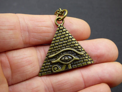 Pyramid Eye of Horus Illuminati - Antique Bronze Necklace Gift for Girlfriend, Him, Her, Husband, Brother, Luck, Hippie, Vintage, Ethnic Pendant