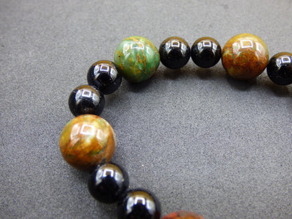 Green opal + black tourmaline (Schorl) gemstone bracelet, stretch beads, gift for luck, man, woman, child, he/she, friend, energy, chakra