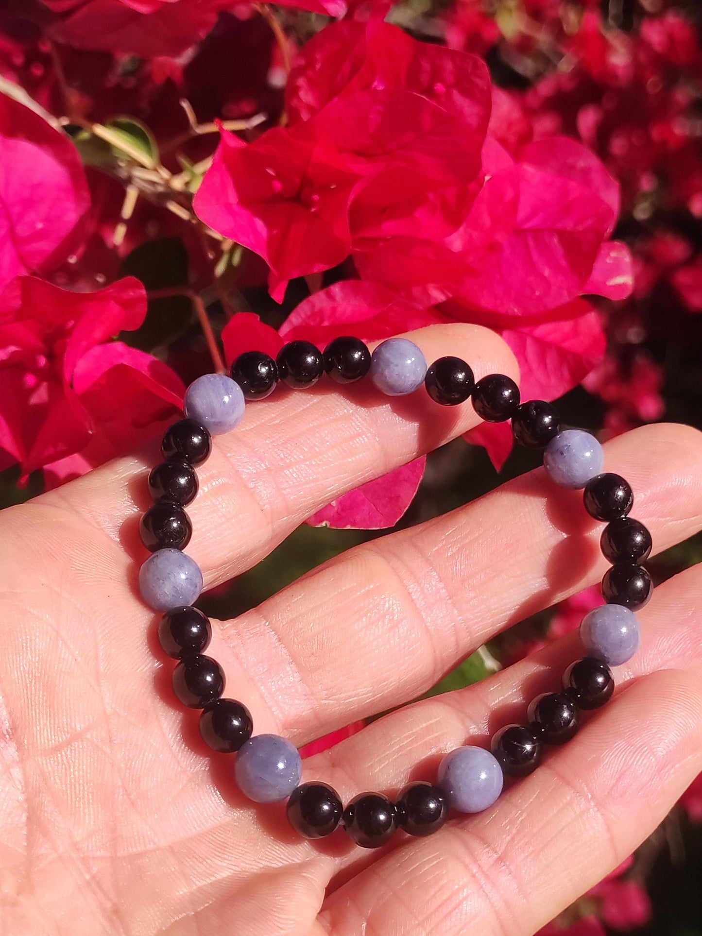 Tansanit + Turmalin (Schorl) AAA *Rarität* - Edelstein Armband Stretch schwarz Perlen Glück Mann Frau Er Sie Geschenk Freund Energie Selten