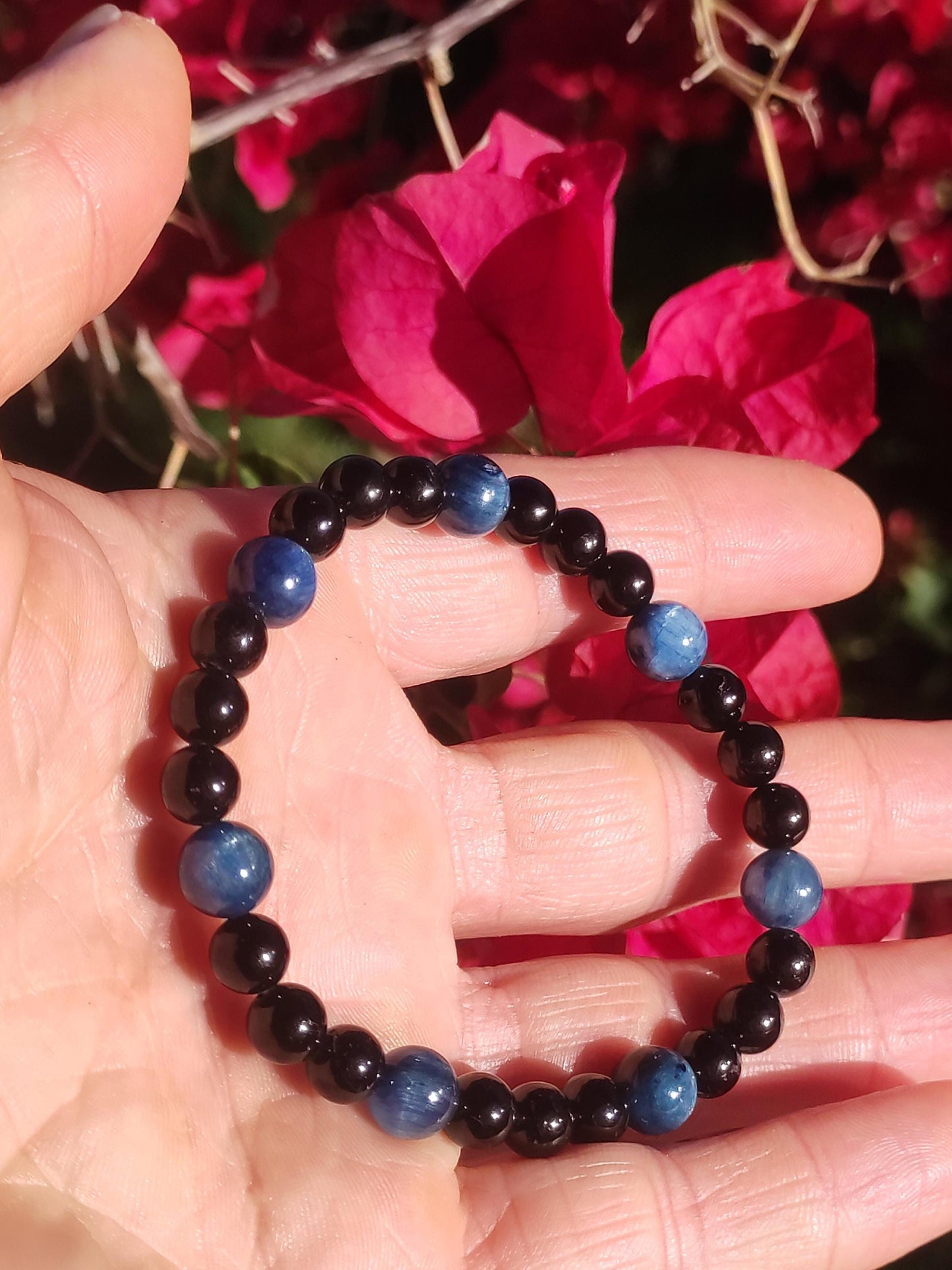 Cyanit + Turmalin (Schorl) AAA *Rarität* - Edelstein Armband Stretch blau schwarz Perlen Glück Mann Frau Er Sie Geschenk Freund Energie