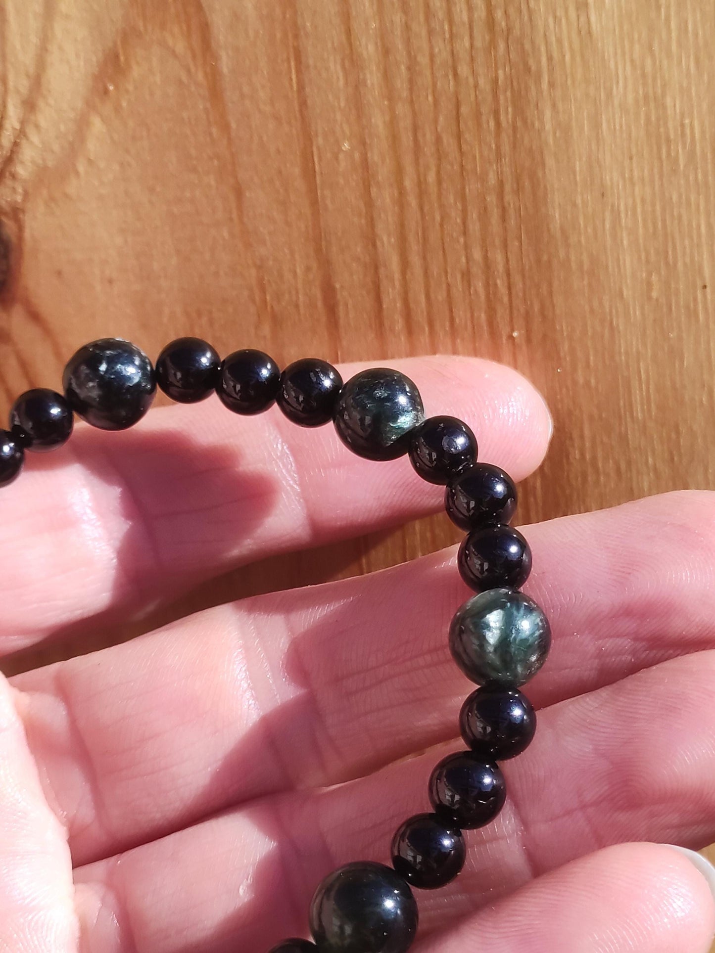 Seraphinite + Turmalin (Schorl) AAA *Rarität* - Edelstein Armband Stretch grün schwarz Perlen Glück Mann Frau Er Sie Geschenk Freund Energie