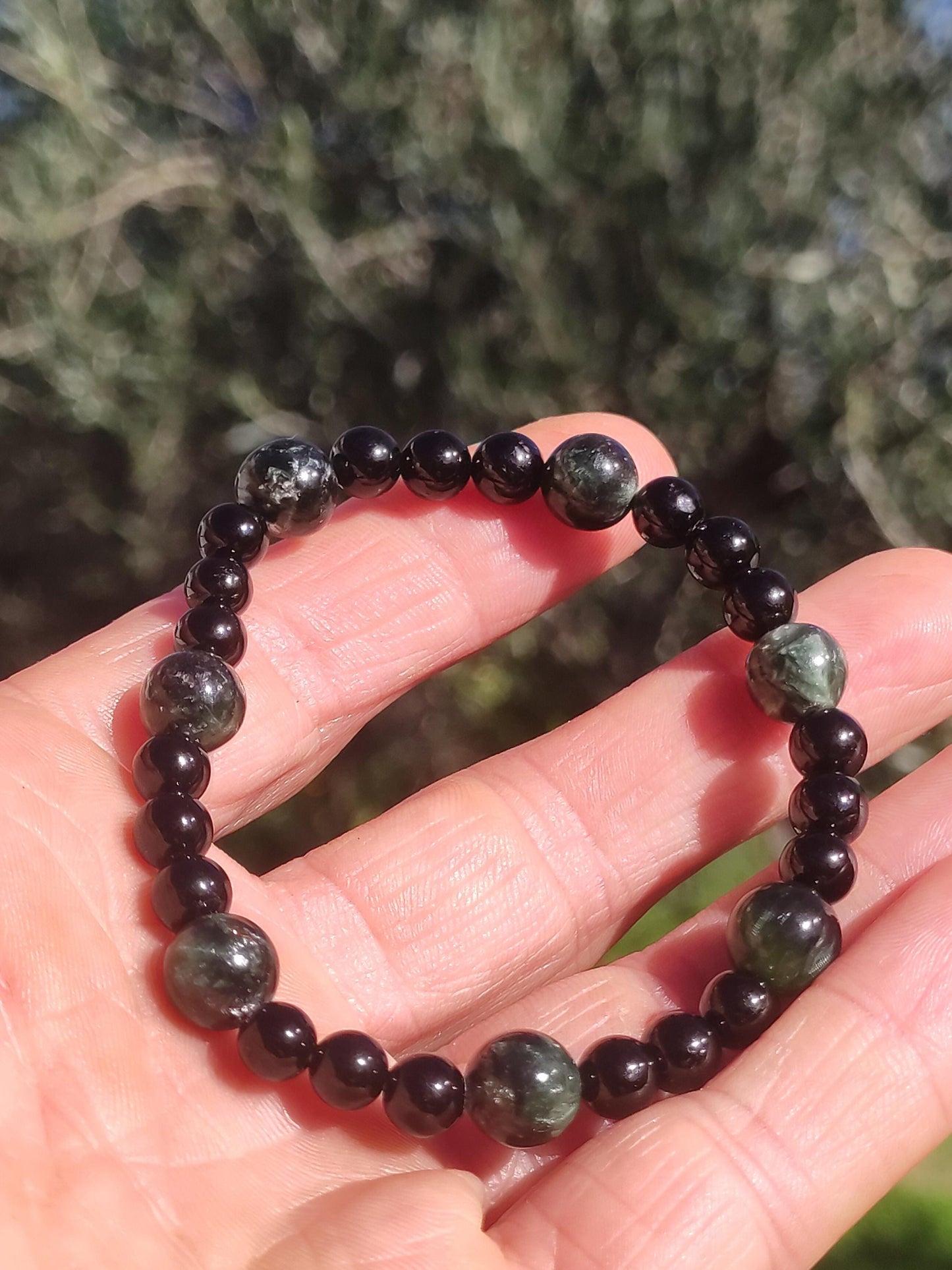 Seraphinite + Turmalin (Schorl) AAA *Rarität* - Edelstein Armband Stretch grün schwarz Perlen Glück Mann Frau Er Sie Geschenk Freund Energie