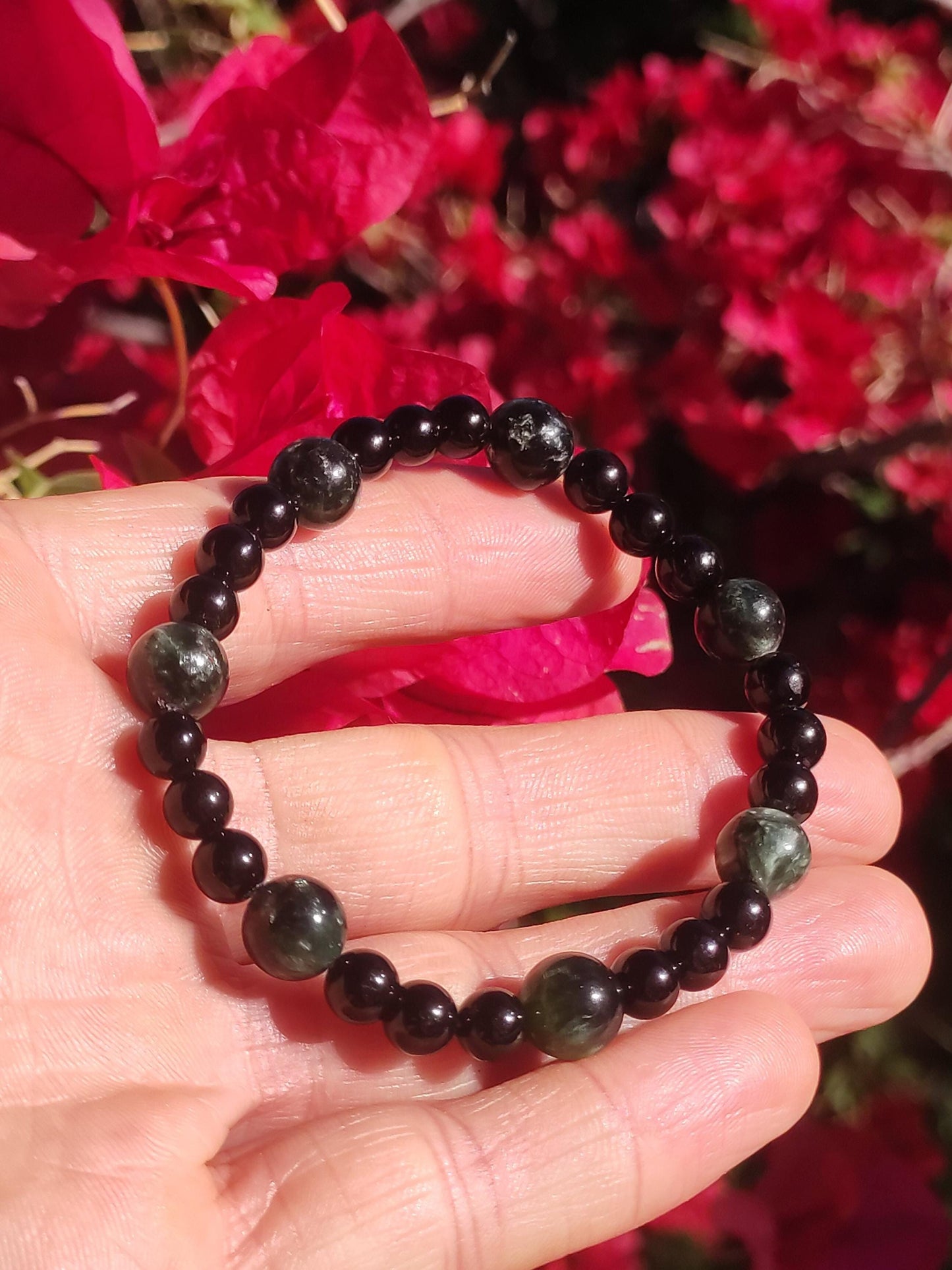 Seraphinite + Turmalin (Schorl) AAA *Rarität* - Edelstein Armband Stretch grün schwarz Perlen Glück Mann Frau Er Sie Geschenk Freund Energie