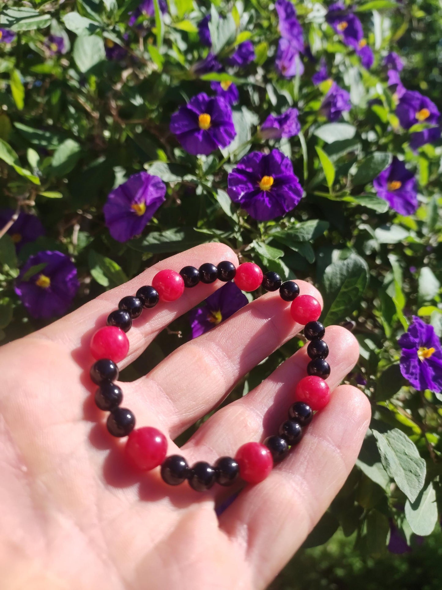 Rhodonit rot + Turmalin (Schorl) AAA *Rarität* - Edelstein Armband Stretch schwarz Perlen Glück Mann Frau Er Sie Geschenk Freund Energie